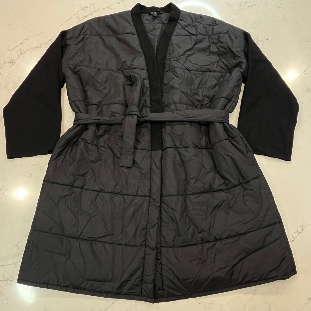 Eileen‎ Fisher Quilted Puffer Coat Womens 2X Black Nylon Wool Belted Minimalist